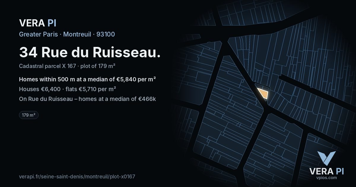 34 Rue du Ruisseau, Montreuil at night – the plot lit, the parcels around coloured by the prices near them