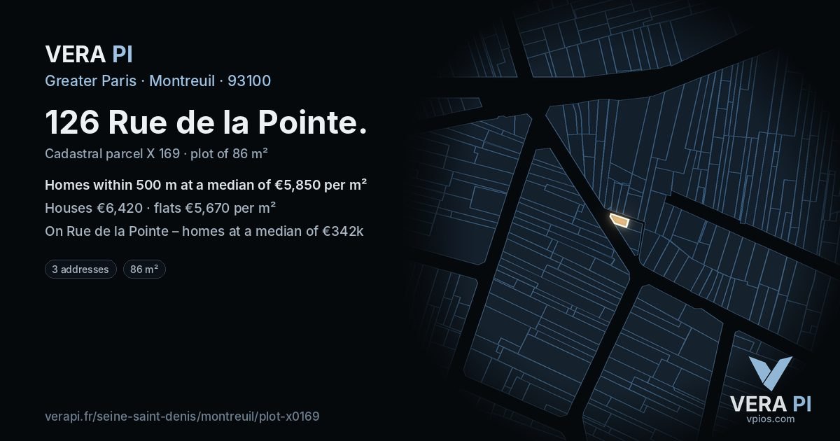 126 Rue de la Pointe, Montreuil at night – the plot lit, the parcels around coloured by the prices near them