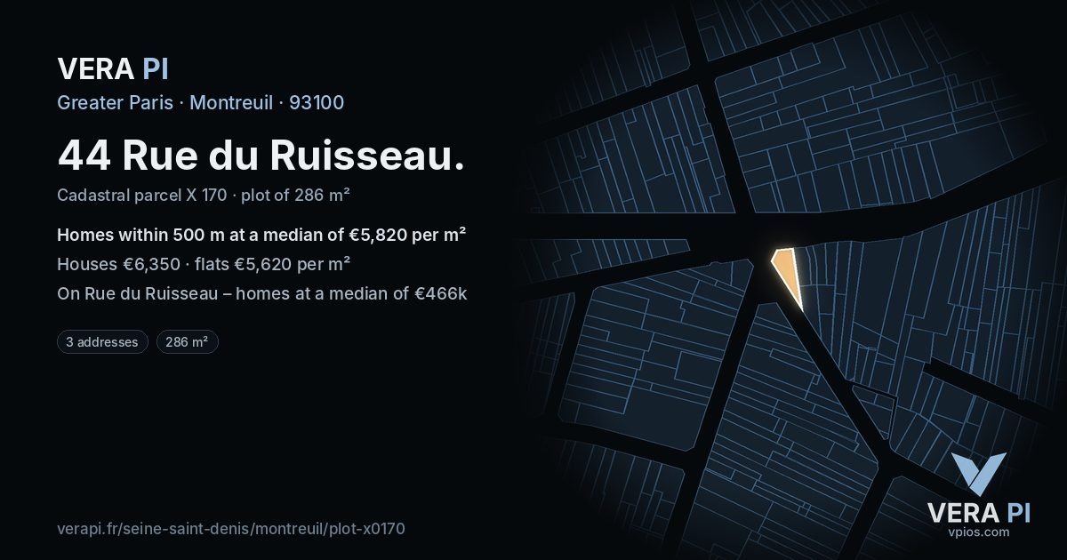 44 Rue du Ruisseau, Montreuil at night – the plot lit, the parcels around coloured by the prices near them