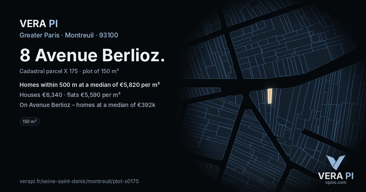 8 Avenue Berlioz, Montreuil at night – the plot lit, the parcels around coloured by the prices near them