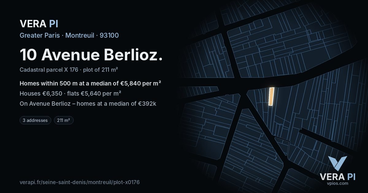 10 Avenue Berlioz, Montreuil at night – the plot lit, the parcels around coloured by the prices near them