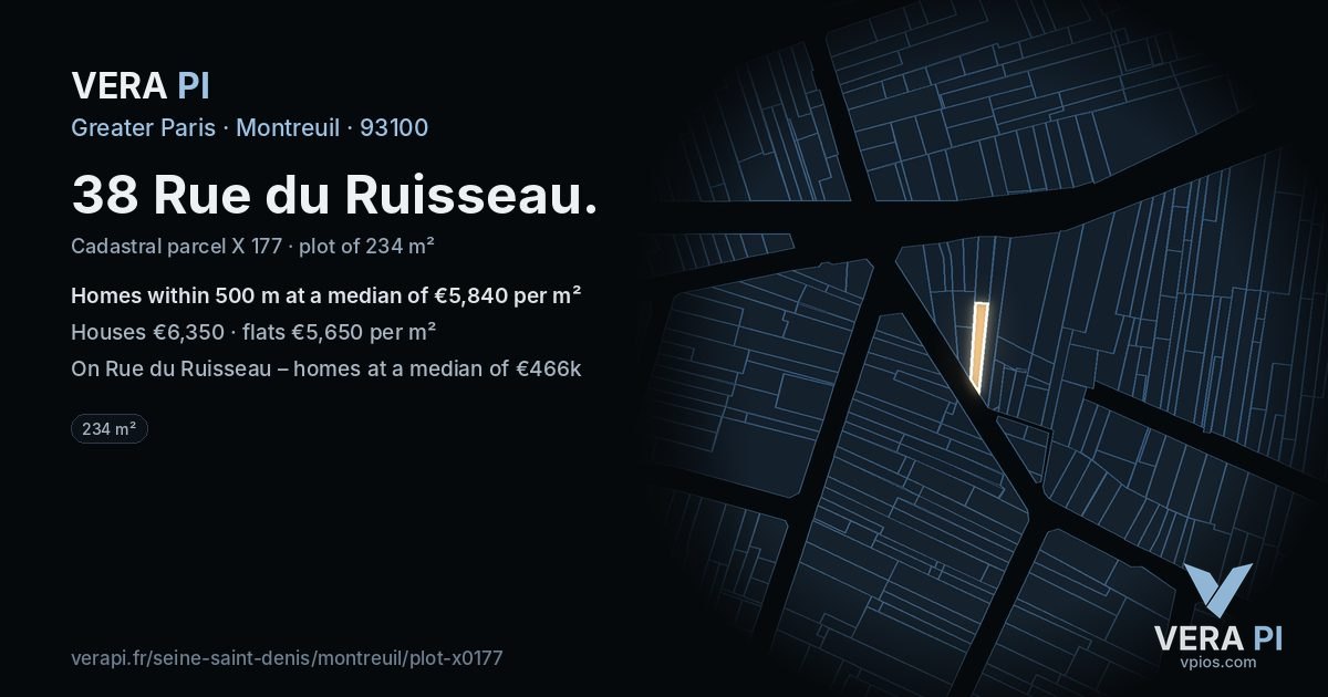38 Rue du Ruisseau, Montreuil at night – the plot lit, the parcels around coloured by the prices near them