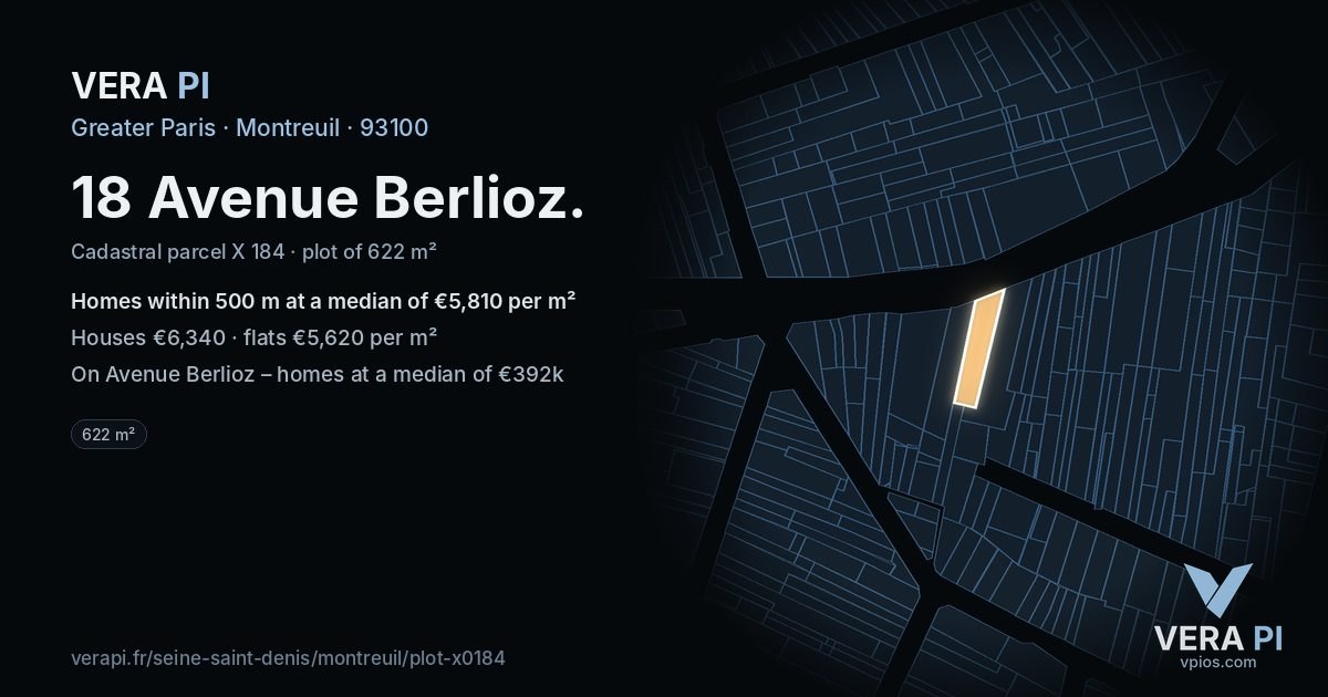 18 Avenue Berlioz, Montreuil at night – the plot lit, the parcels around coloured by the prices near them
