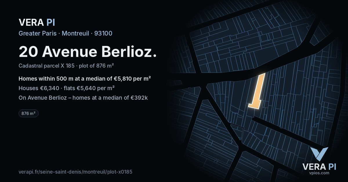 20 Avenue Berlioz, Montreuil at night – the plot lit, the parcels around coloured by the prices near them