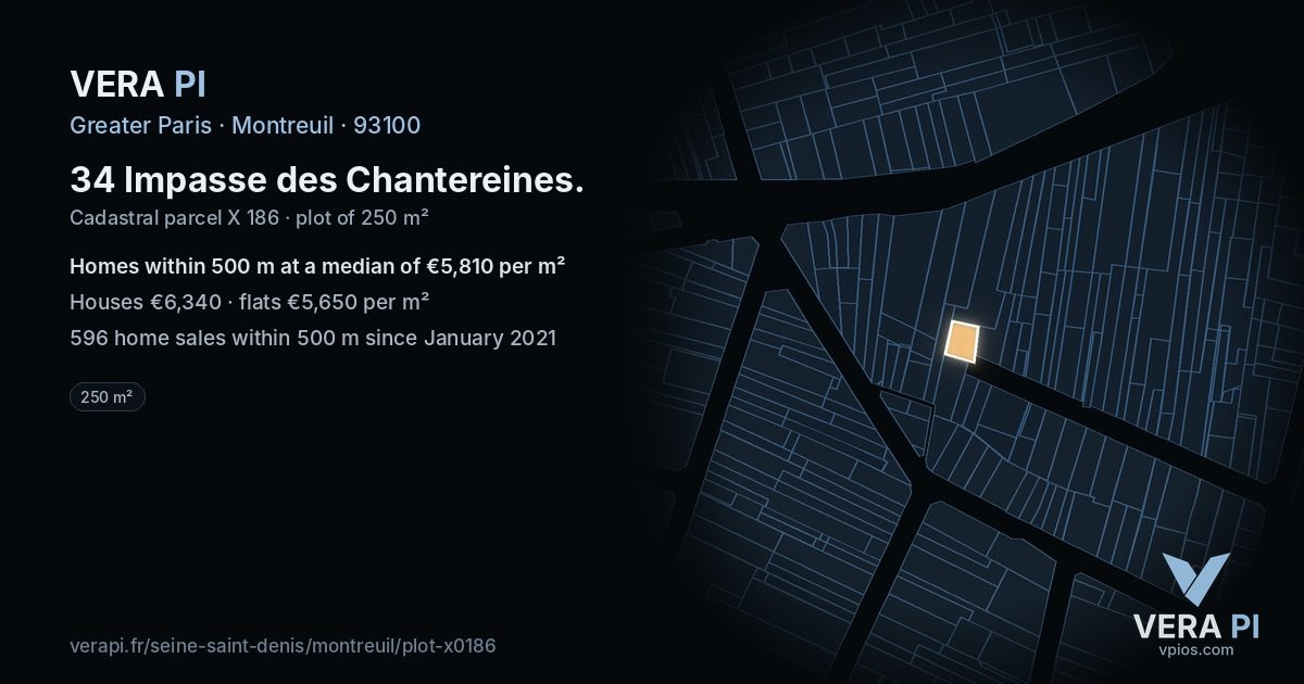 34 Impasse des Chantereines, Montreuil at night – the plot lit, the parcels around coloured by the prices near them