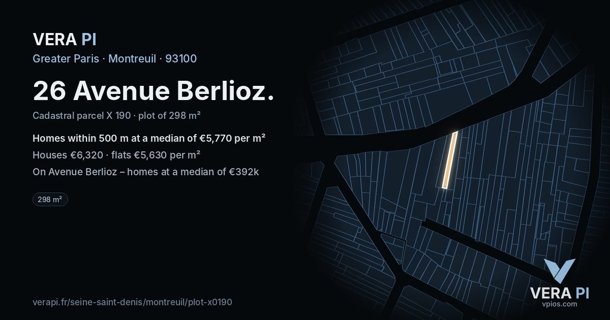 26 Avenue Berlioz, Montreuil at night – the plot lit, the parcels around coloured by the prices near them
