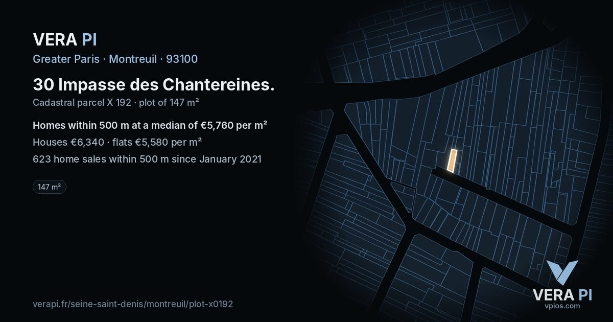 30 Impasse des Chantereines, Montreuil at night – the plot lit, the parcels around coloured by the prices near them