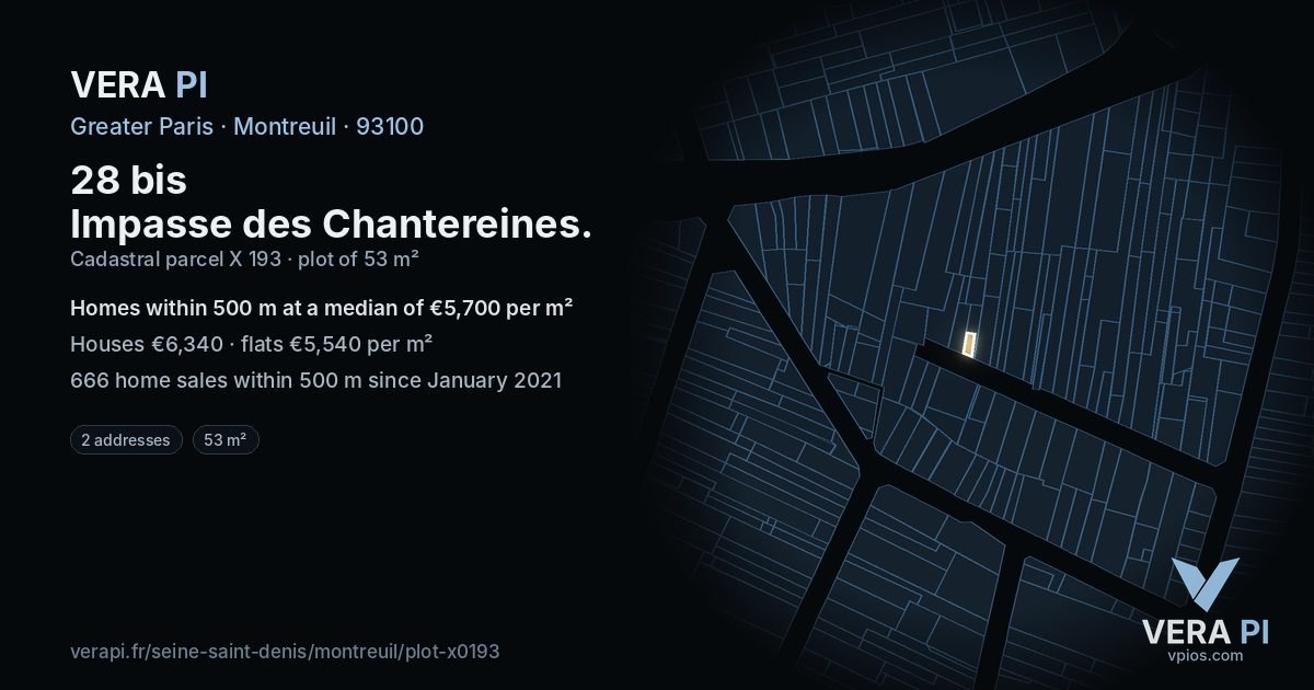 28 bis Impasse des Chantereines, Montreuil at night – the plot lit, the parcels around coloured by the prices near them