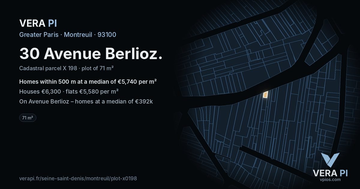 30 Avenue Berlioz, Montreuil at night – the plot lit, the parcels around coloured by the prices near them