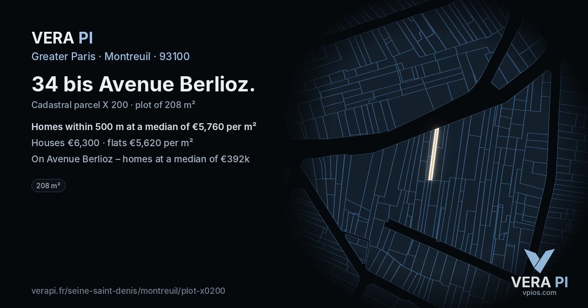 34 bis Avenue Berlioz, Montreuil at night – the plot lit, the parcels around coloured by the prices near them