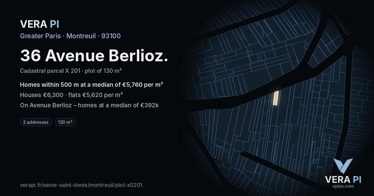 36 Avenue Berlioz, Montreuil at night – the plot lit, the parcels around coloured by the prices near them