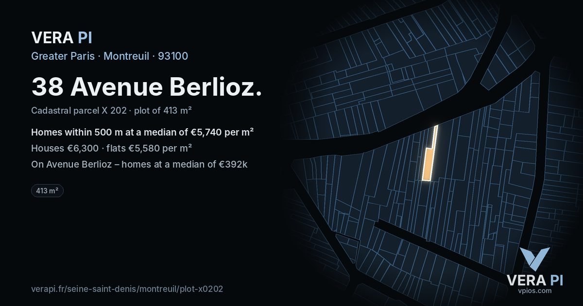 38 Avenue Berlioz, Montreuil at night – the plot lit, the parcels around coloured by the prices near them