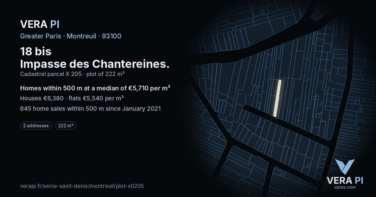 18 bis Impasse des Chantereines, Montreuil at night – the plot lit, the parcels around coloured by the prices near them