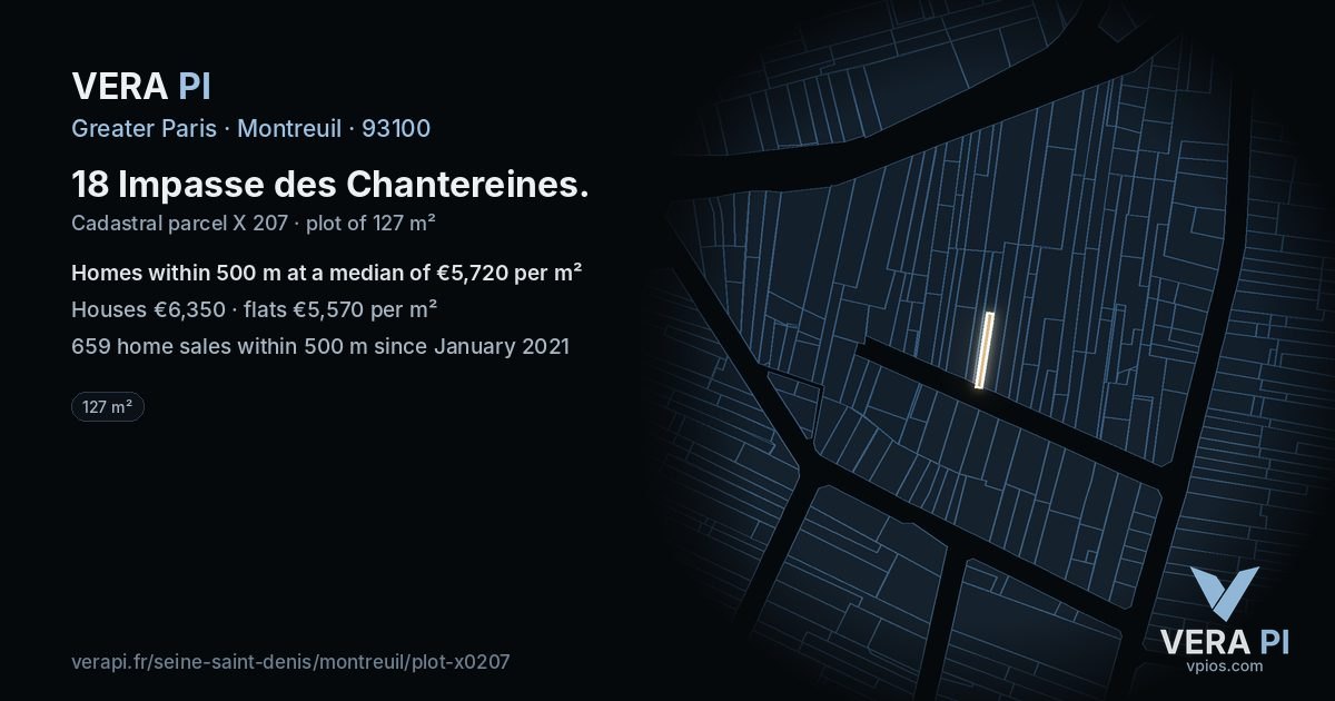 18 Impasse des Chantereines, Montreuil at night – the plot lit, the parcels around coloured by the prices near them