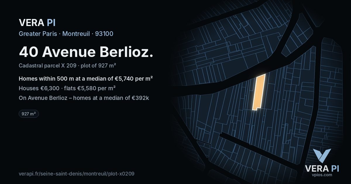 40 Avenue Berlioz, Montreuil at night – the plot lit, the parcels around coloured by the prices near them