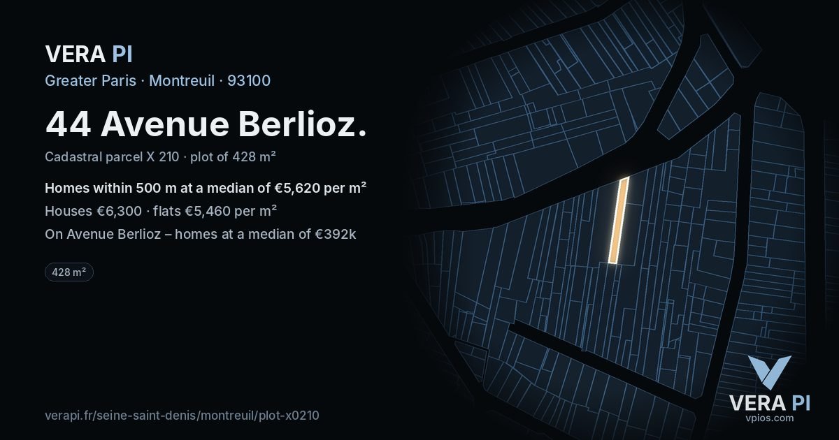 44 Avenue Berlioz, Montreuil at night – the plot lit, the parcels around coloured by the prices near them