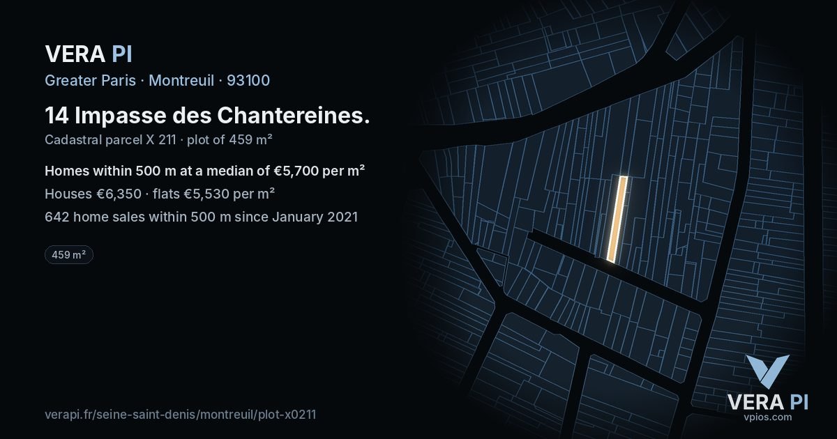 14 Impasse des Chantereines, Montreuil at night – the plot lit, the parcels around coloured by the prices near them