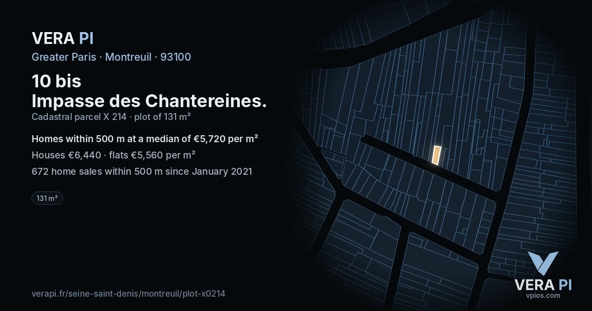 10 bis Impasse des Chantereines, Montreuil at night – the plot lit, the parcels around coloured by the prices near them