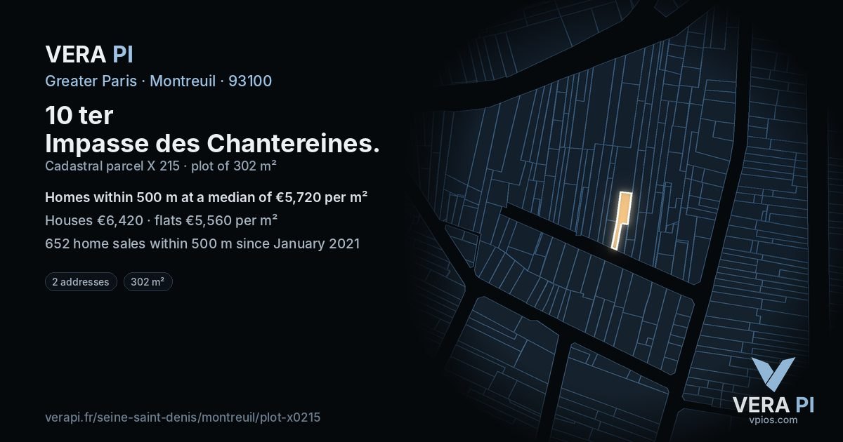 10 ter Impasse des Chantereines, Montreuil at night – the plot lit, the parcels around coloured by the prices near them