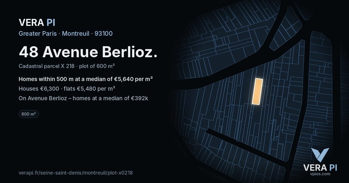 48 Avenue Berlioz, Montreuil at night – the plot lit, the parcels around coloured by the prices near them