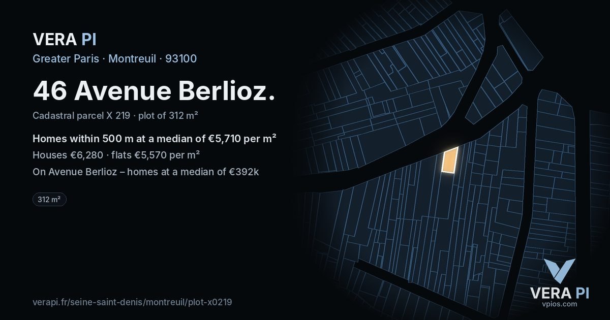 46 Avenue Berlioz, Montreuil at night – the plot lit, the parcels around coloured by the prices near them