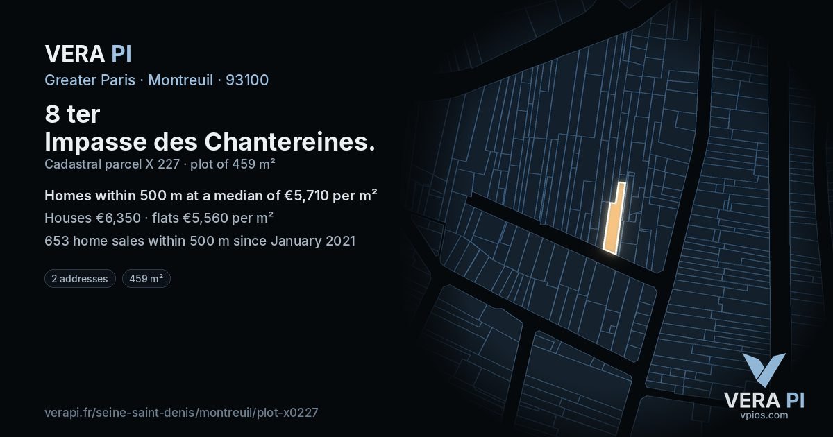 8 ter Impasse des Chantereines, Montreuil at night – the plot lit, the parcels around coloured by the prices near them