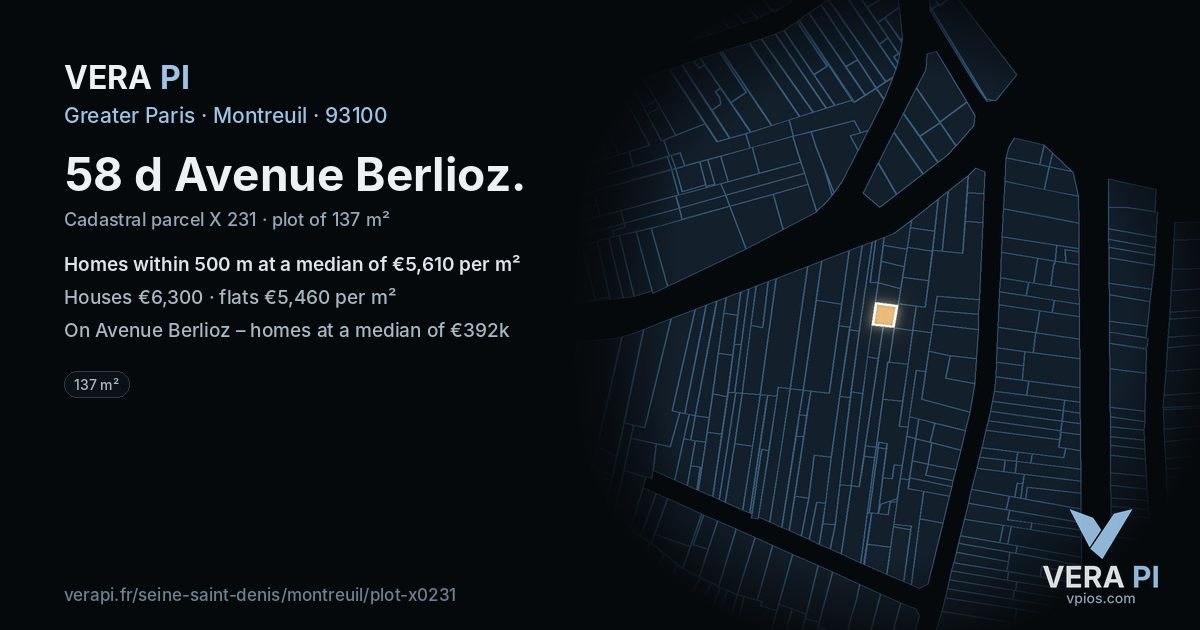 58 d Avenue Berlioz, Montreuil at night – the plot lit, the parcels around coloured by the prices near them