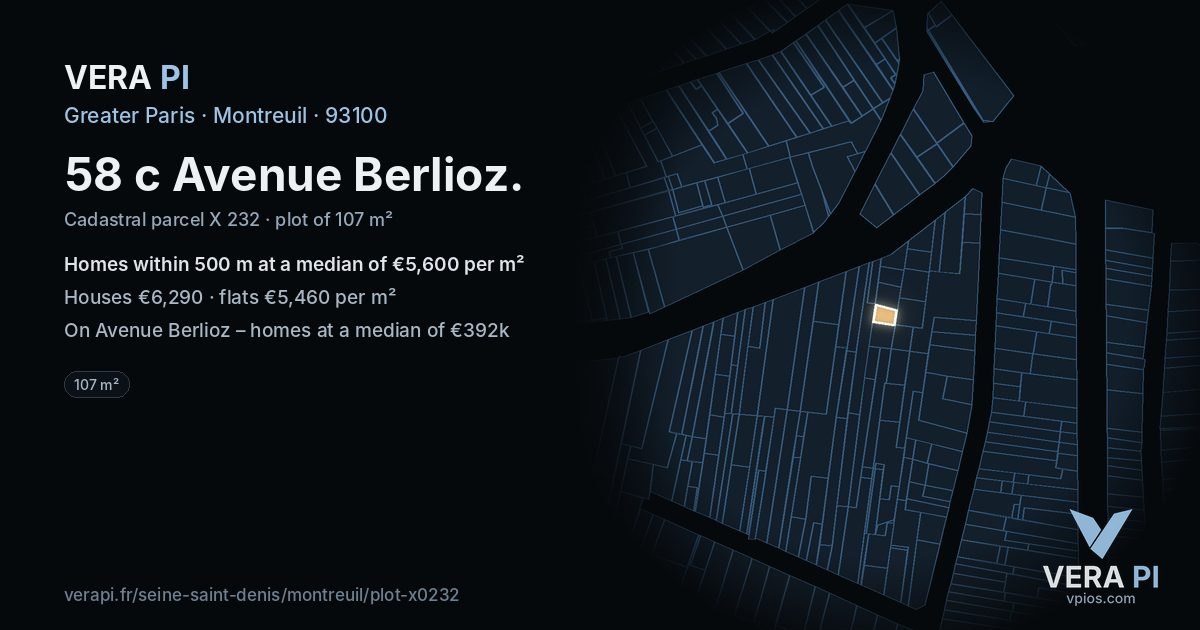 58 c Avenue Berlioz, Montreuil at night – the plot lit, the parcels around coloured by the prices near them