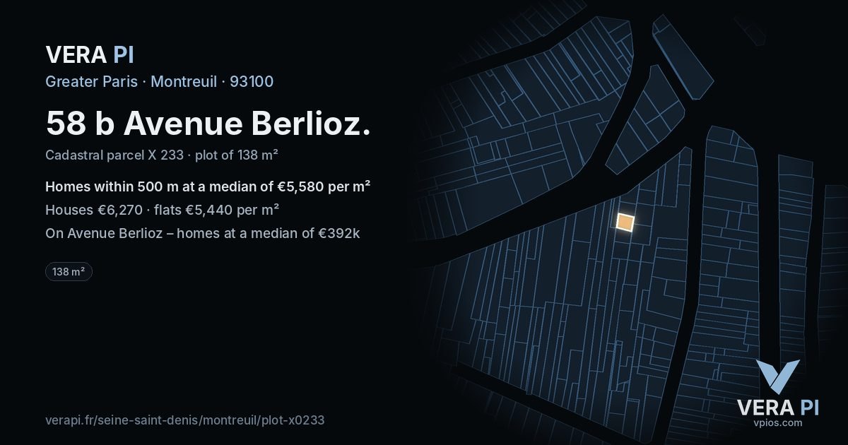 58 b Avenue Berlioz, Montreuil at night – the plot lit, the parcels around coloured by the prices near them