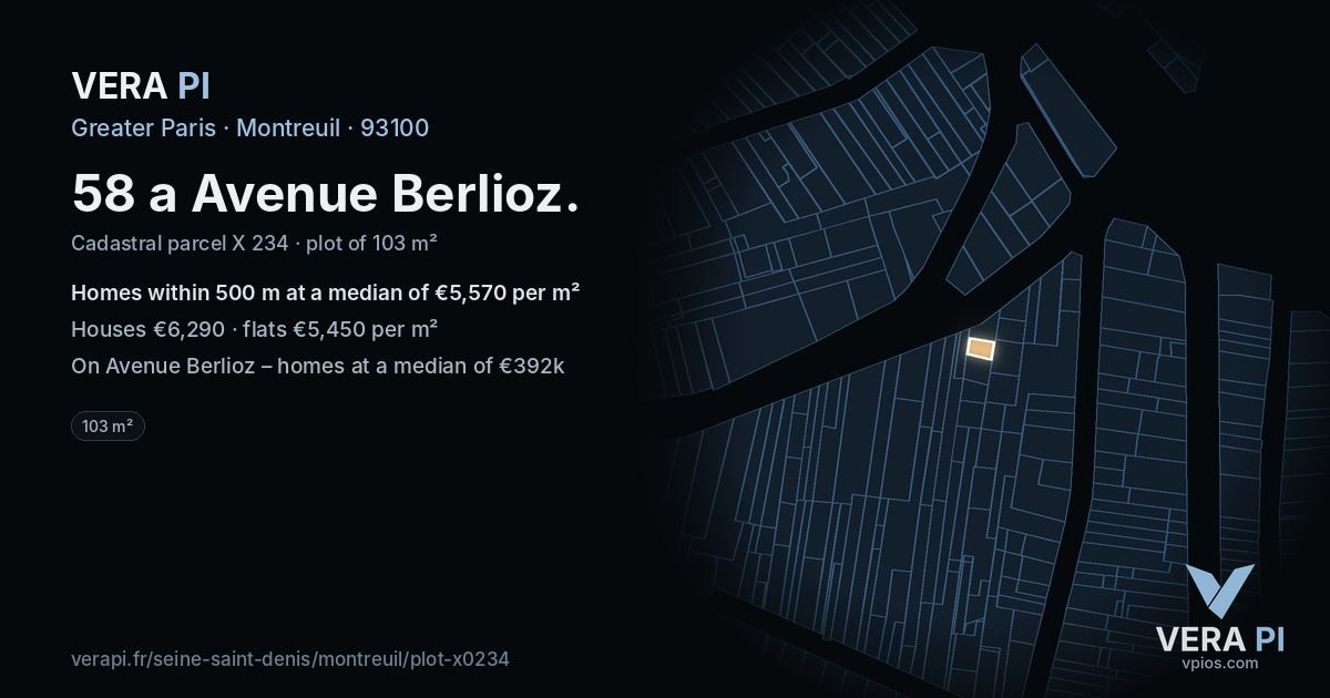 58 a Avenue Berlioz, Montreuil at night – the plot lit, the parcels around coloured by the prices near them