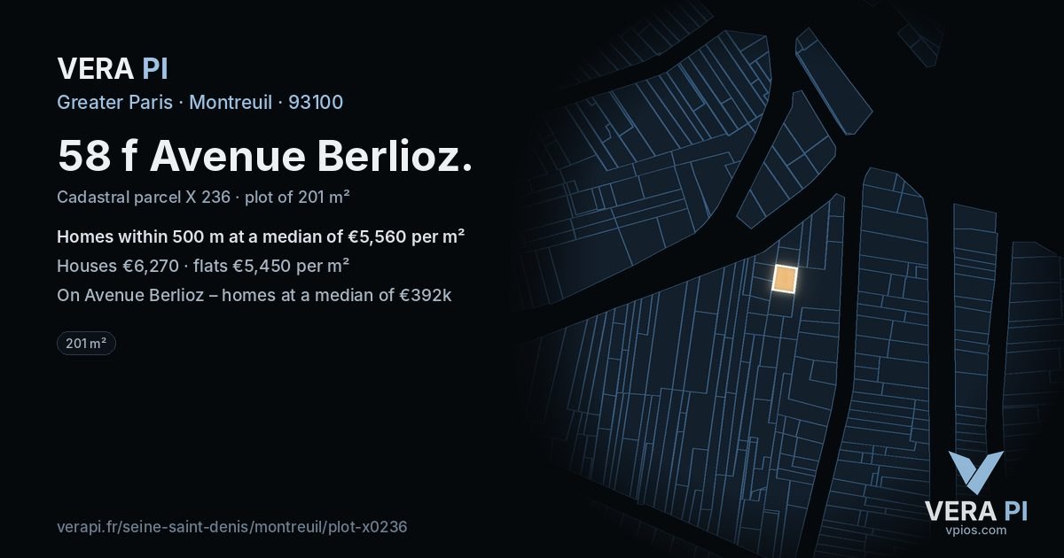 58 f Avenue Berlioz, Montreuil at night – the plot lit, the parcels around coloured by the prices near them