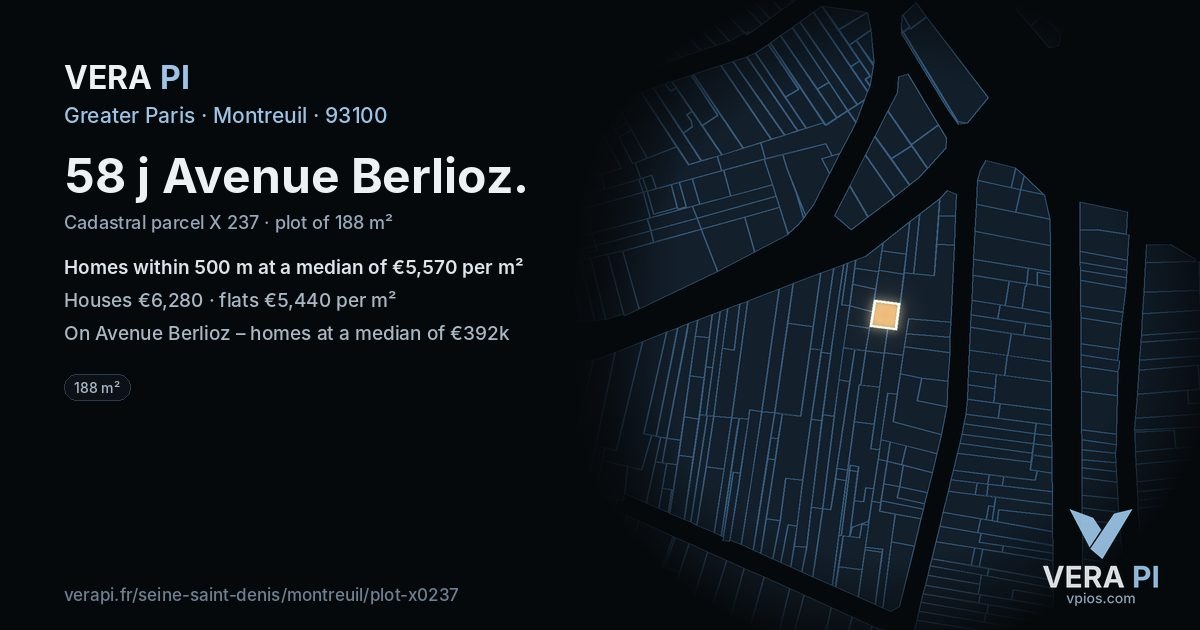 58 j Avenue Berlioz, Montreuil at night – the plot lit, the parcels around coloured by the prices near them