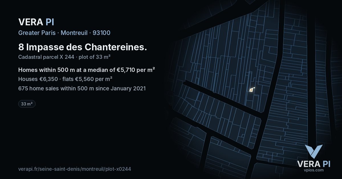 8 Impasse des Chantereines, Montreuil at night – the plot lit, the parcels around coloured by the prices near them
