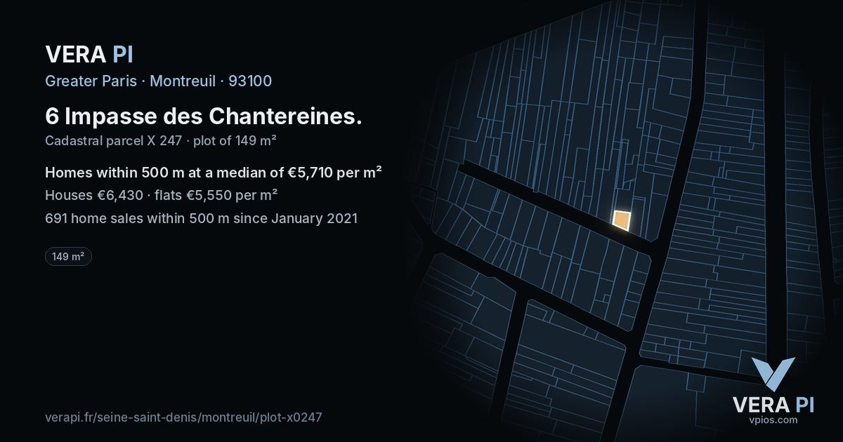 6 Impasse des Chantereines, Montreuil at night – the plot lit, the parcels around coloured by the prices near them