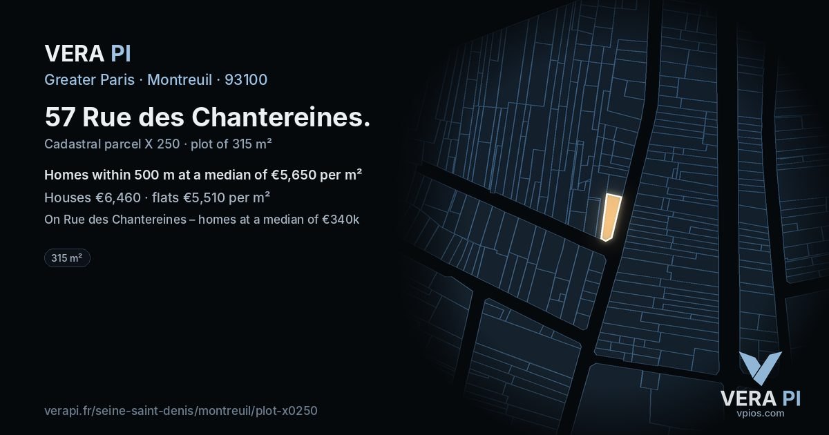 57 Rue des Chantereines, Montreuil at night – the plot lit, the parcels around coloured by the prices near them