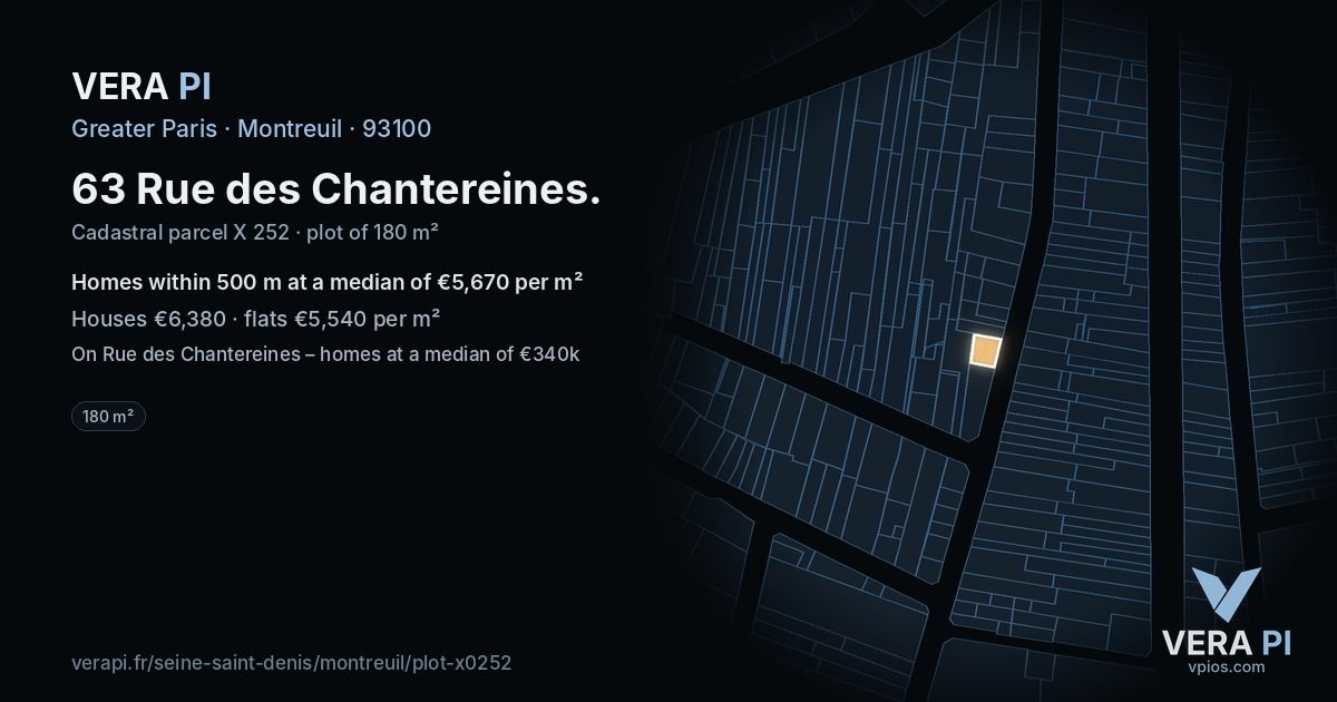 63 Rue des Chantereines, Montreuil at night – the plot lit, the parcels around coloured by the prices near them
