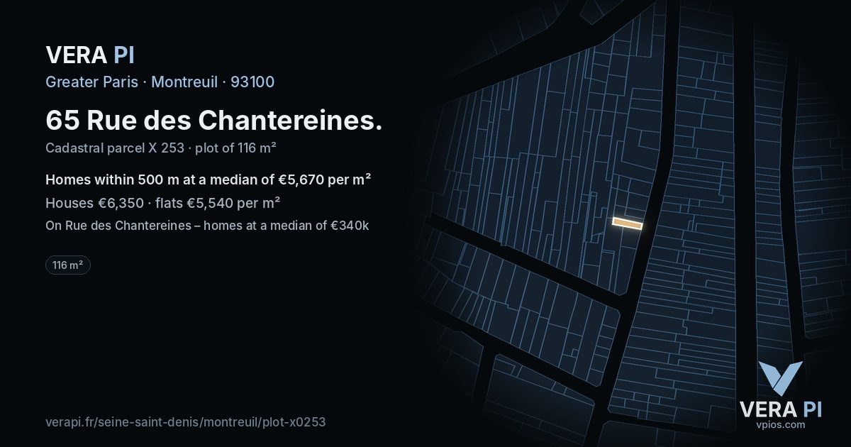65 Rue des Chantereines, Montreuil at night – the plot lit, the parcels around coloured by the prices near them