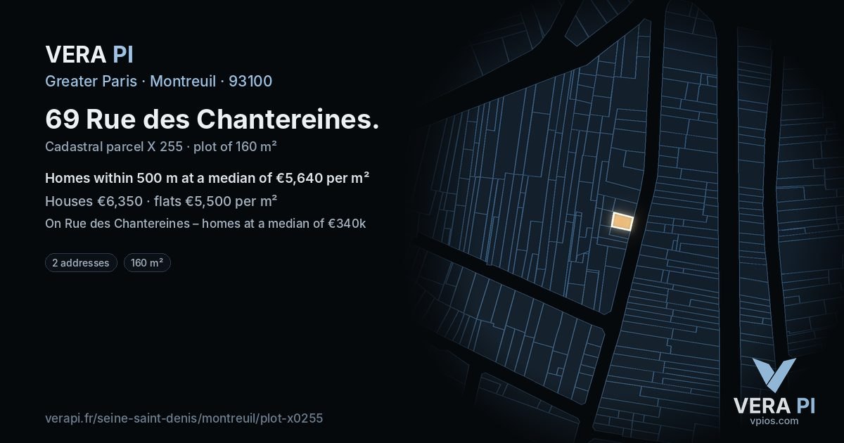 69 Rue des Chantereines, Montreuil at night – the plot lit, the parcels around coloured by the prices near them
