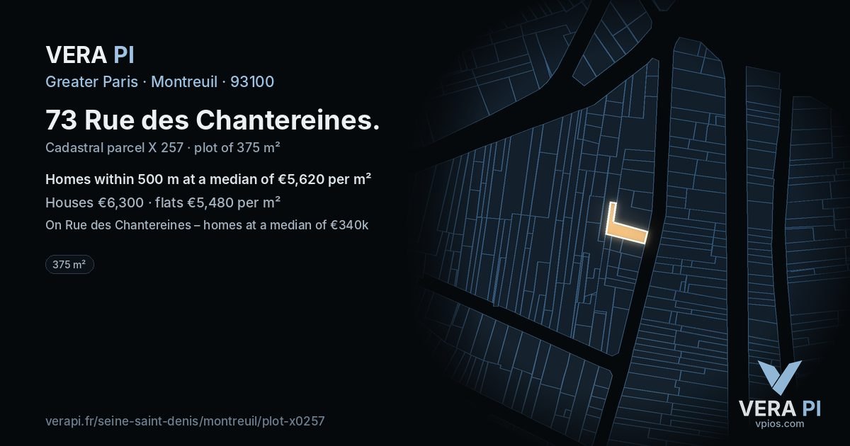 73 Rue des Chantereines, Montreuil at night – the plot lit, the parcels around coloured by the prices near them