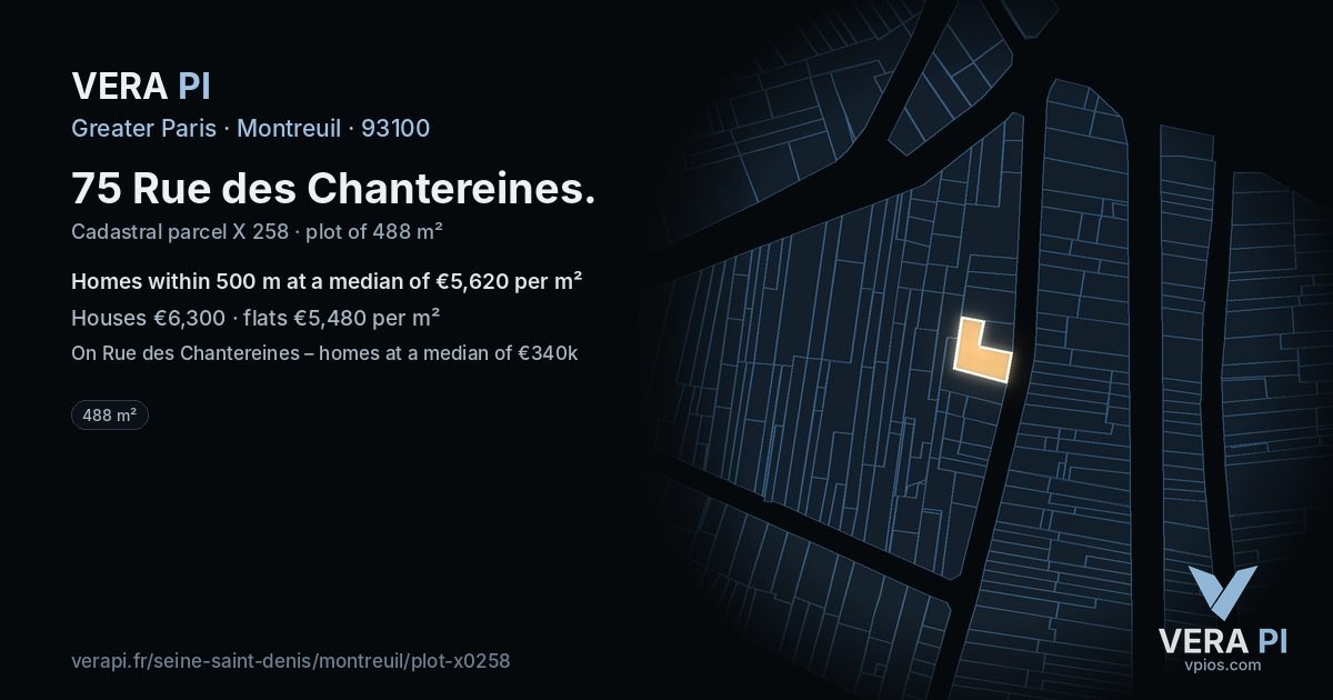 75 Rue des Chantereines, Montreuil at night – the plot lit, the parcels around coloured by the prices near them