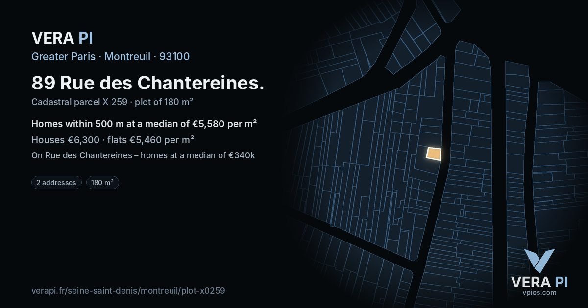 89 Rue des Chantereines, Montreuil at night – the plot lit, the parcels around coloured by the prices near them