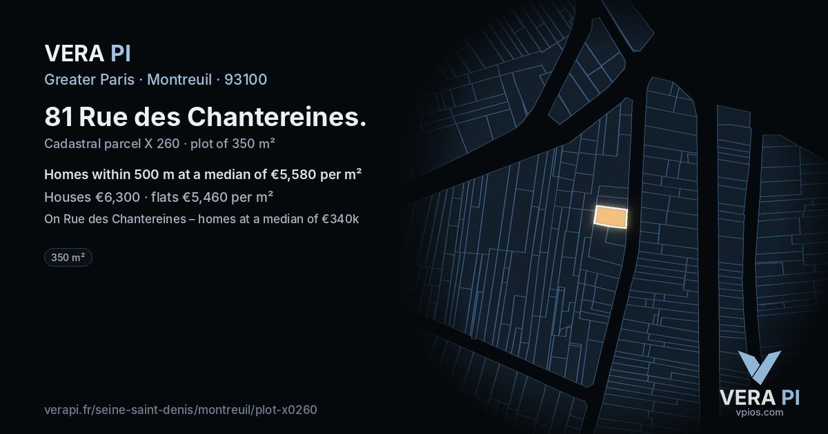 81 Rue des Chantereines, Montreuil at night – the plot lit, the parcels around coloured by the prices near them