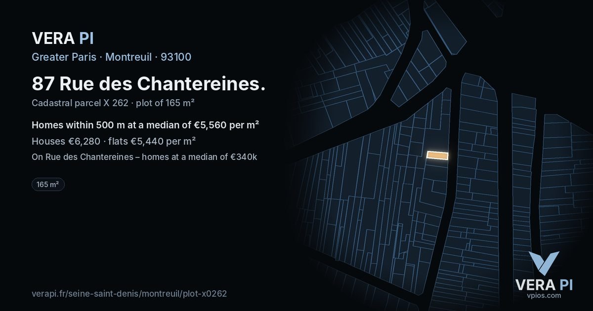 87 Rue des Chantereines, Montreuil at night – the plot lit, the parcels around coloured by the prices near them