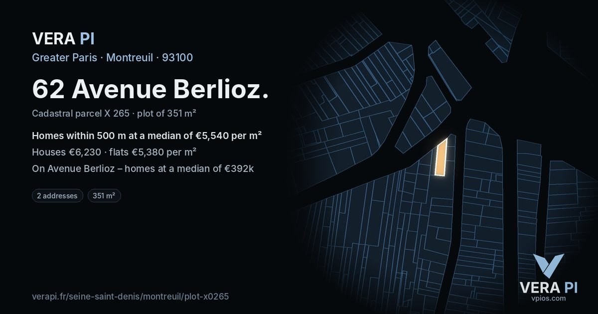 62 Avenue Berlioz, Montreuil at night – the plot lit, the parcels around coloured by the prices near them
