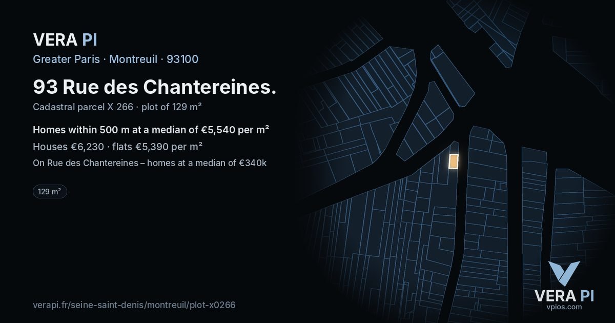 93 Rue des Chantereines, Montreuil at night – the plot lit, the parcels around coloured by the prices near them