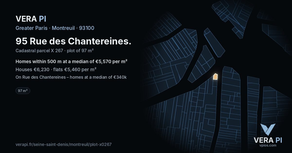 95 Rue des Chantereines, Montreuil at night – the plot lit, the parcels around coloured by the prices near them