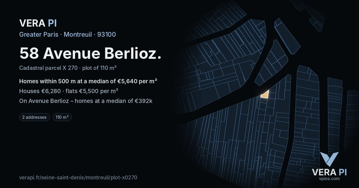 58 Avenue Berlioz, Montreuil at night – the plot lit, the parcels around coloured by the prices near them