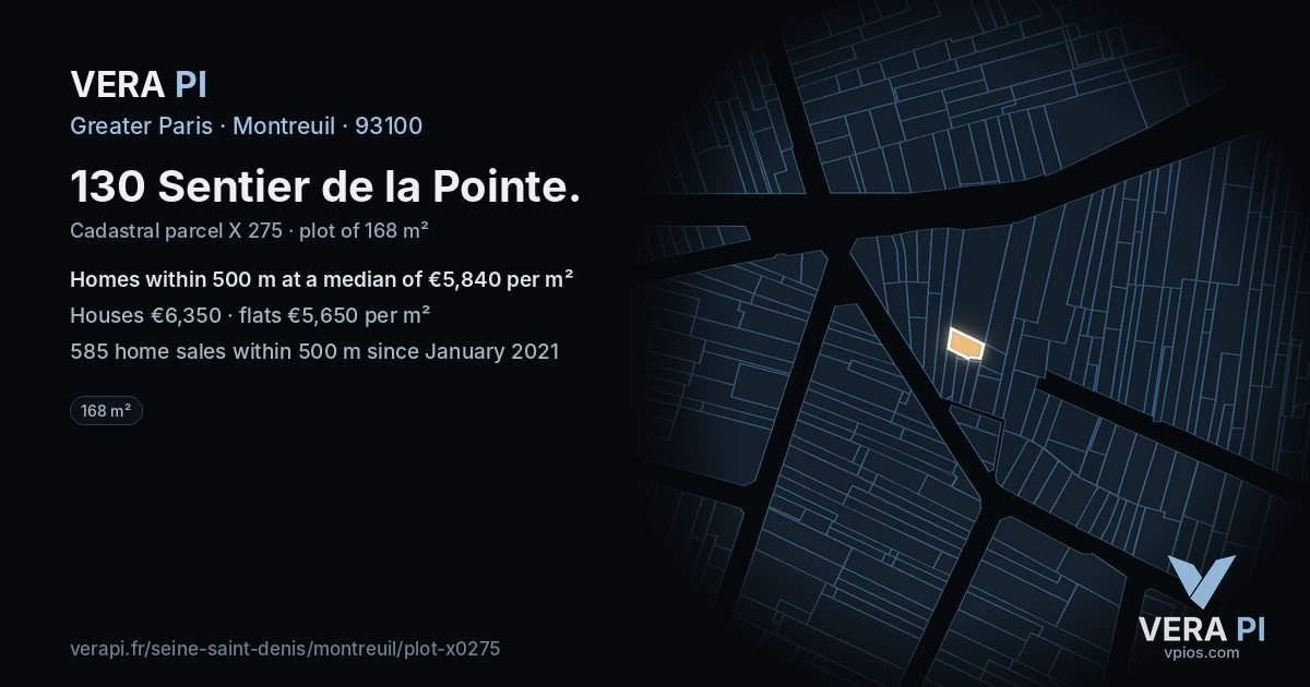 130 Sentier de la Pointe, Montreuil at night – the plot lit, the parcels around coloured by the prices near them
