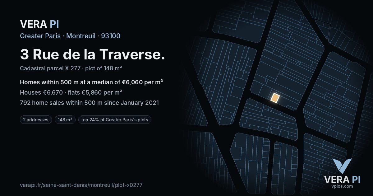 3 Rue de la Traverse, Montreuil at night – the plot lit, the parcels around coloured by the prices near them