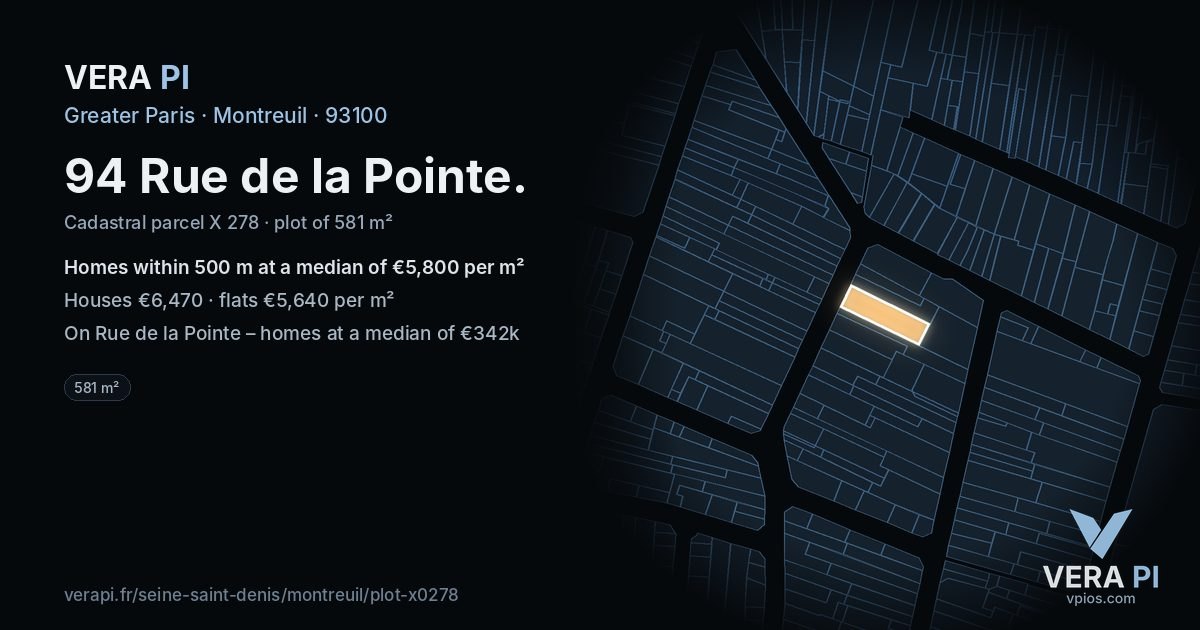 94 Rue de la Pointe, Montreuil at night – the plot lit, the parcels around coloured by the prices near them